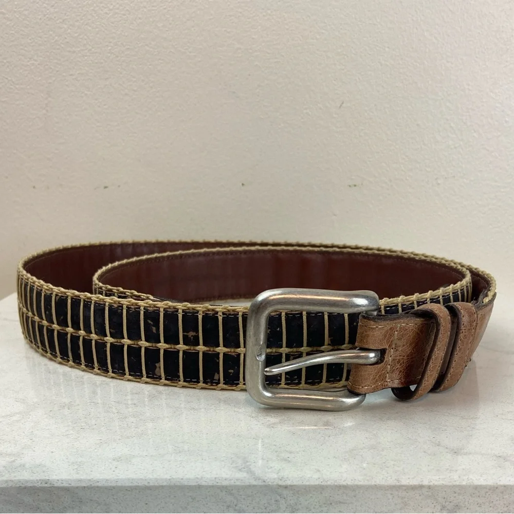 Men’s Vintage Torino Leather Cork Woven Belt Brown & Black Classic Casual Style